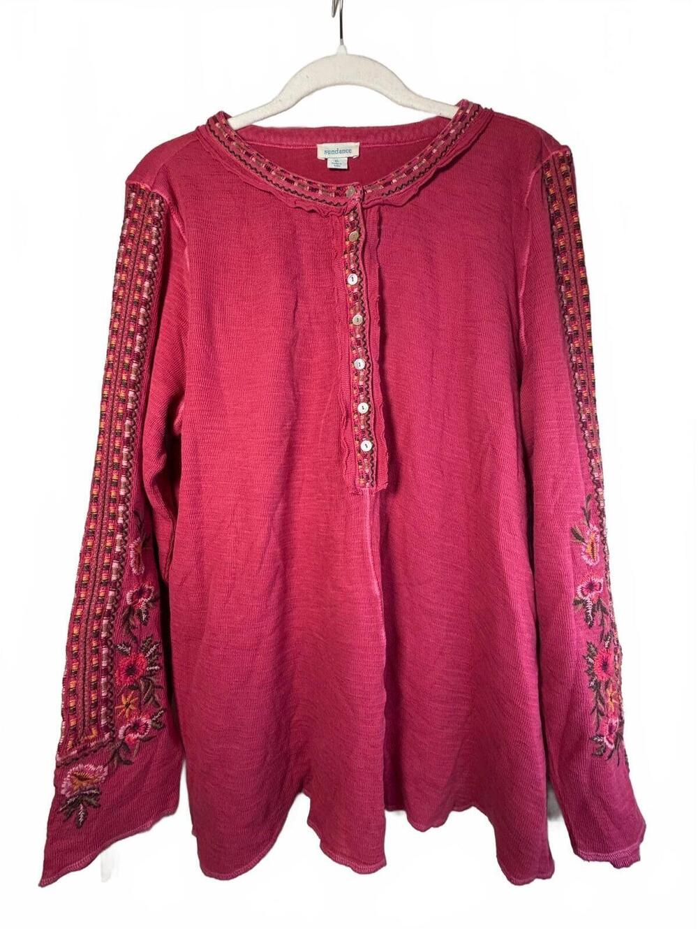 Sundance Pink Henley Embroidered floral long sleeve XL 24,27